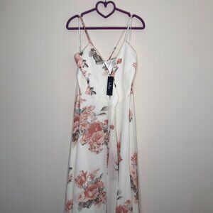 Lulu's Elegantly Inclined Cream Floral Print Wrap Maxi Dress Large